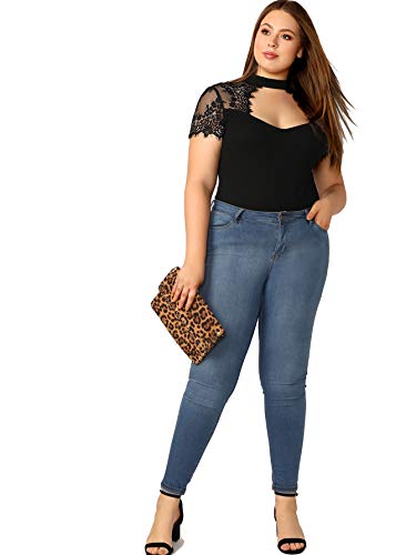 Romwe Women's Plus Size Chocker Lace Short Sleeve Deep Sweetheart Neck Slim Skinny Blouse Tops Shirt Black 1Xl #TOP4