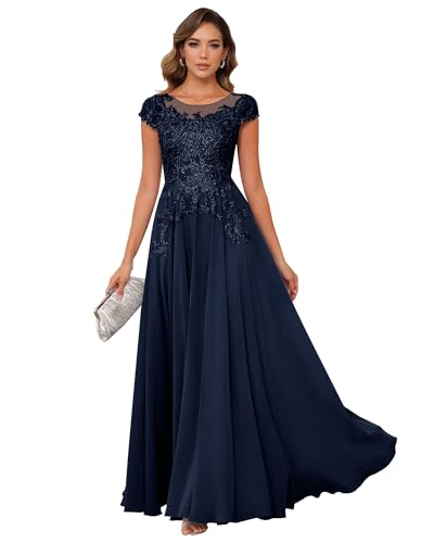 Mother of The Bride Dresses Chiffon Lace Applique Short Sleeve Mother of The Groom Dress Long Formal Dress with Pocket