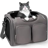 Dog, Cat Carrier for Pets Up to 12 Lbs, Airline Approved Collapsible Soft-Sided Pet Travel Bag with Locking Zippers, Breathable Mesh and 4 Large Pockets, Removable Fleece Pad (Grey)