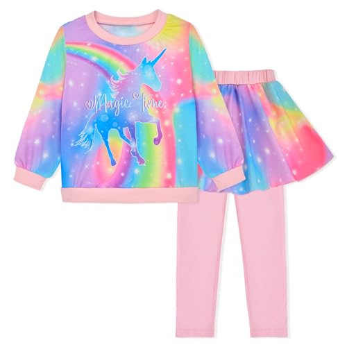AuSletie Bambini 2 Pezzi Abiti Ragazze Top Alla Moda Manica Lunga Felpe e Pantaloni Della Tuta Ragazze Vestiti Set Taglia 4-9, Unicorno grande arcobaleno, 6-7 anni
