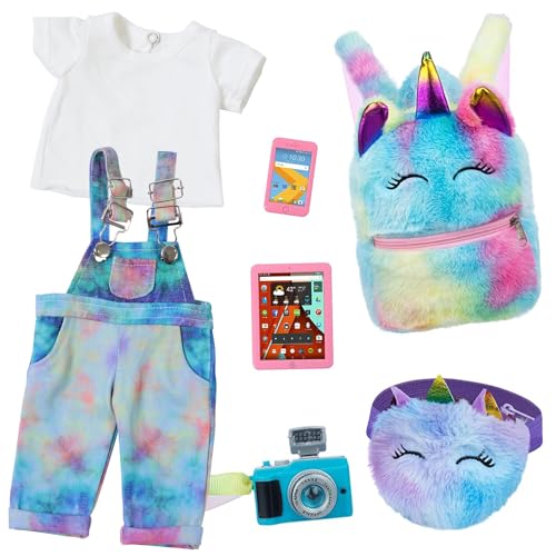 7 Pcs American 18 Inch Doll Clothes and Accessories with Backpack, Waist Bag, Cell Phone, Tablet Phone, Camera (No Doll) doll accessories A
