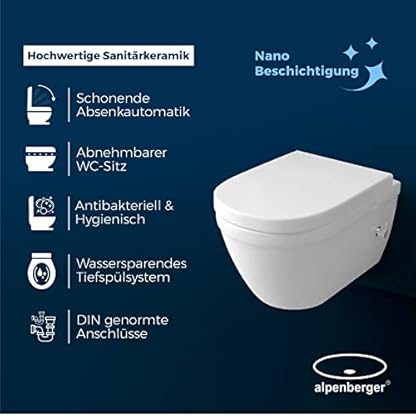 Alpenberger Hänge WC mit Bidet Funktion | Dusch WC Kloschüssel mit Toilettendeckel D Form | Keramik Taharet WC Spülrandlos mit Armatur und Nano | Wand WC Set Passend Geberit – Bild 6