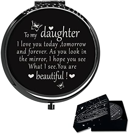Calyders to My Daughter Travel Pocket Makeup Mirror,Compact Pocket Mirror(Black),Inspirational Gift for Daughter Birthday Graduation,Children's Day,Wedding Gift,Teens Gift from Mom Dad