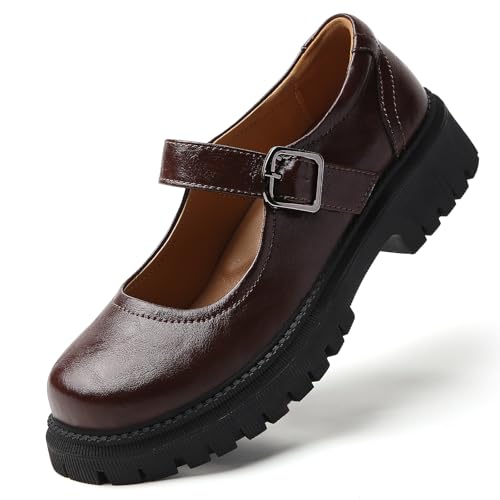 IUY Mary Jane Shoes Women Platform Brown Mary Janes for Women Ladies Chunky Maryjane Flats Non Slip Shoe Dress Casual Work Office Comfortable Business Gothic Oxford Campus School Shoes Size 9