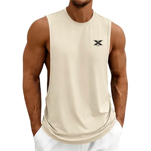 Camiseta de culturismo para hombre, sin mangas, transpirable, ropa deportiva, cómoda, camiseta de entrenamiento elástica, monocolor, estampada, cuello redondo, camiseta de correr, beige, M