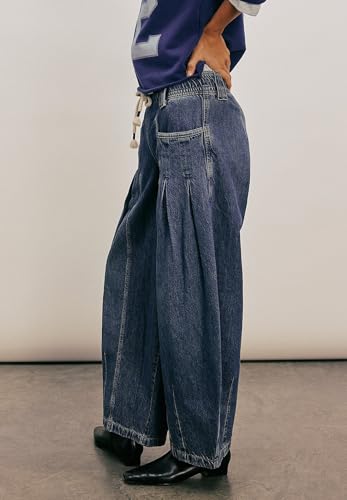 Women Barrel Jeans Pull-On Denim Elastic Waist Boyfriend Y2K Baggy Wide Leg Pants with Drawstring4