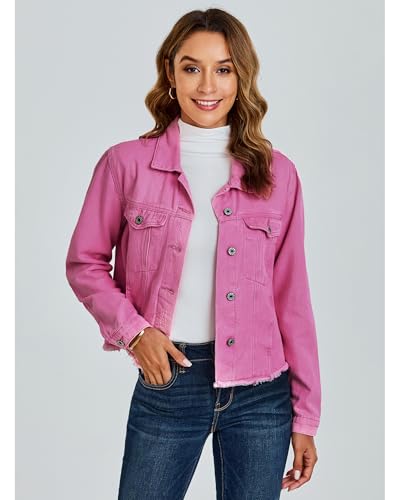 Image of luvamia Denim Jacket for Women Distressed Jean Jackets Button Up Vintage Western Trucker Jacket Frayed Hem Pockets