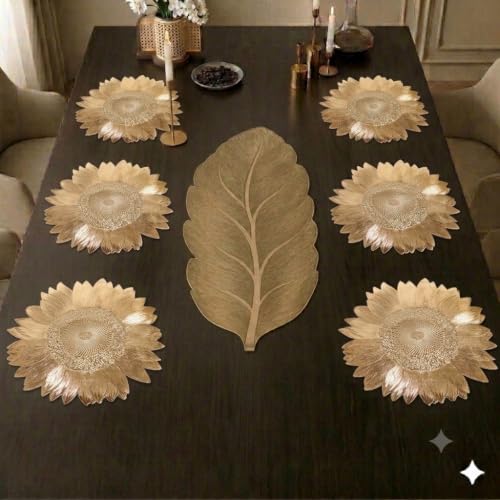 Image of Dakshya Industries Dining Table Mats Round PVC Set | 6 Waterproof Placemats (38 x 38 cm) + 1 Table Runner (91 x 33 cm) | Heat Resistant, Kitchen Decor (Truvique)