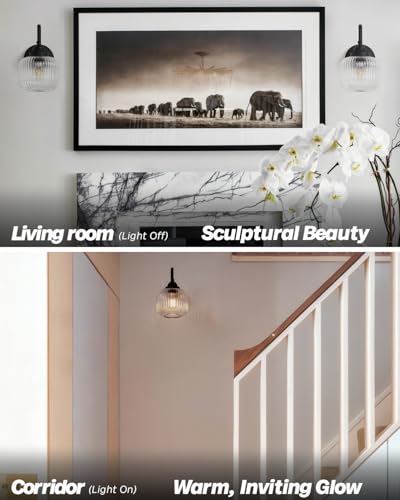 Image of Vintage Industrial Wall Sconce Lighting with Clear Striped Glass Shade, Hardwired Wall Vanity Light Fixture for Bathroom Kitchen Living Room Bedroom Hallway