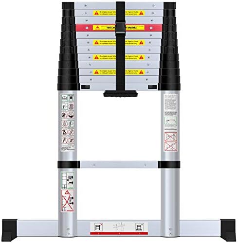 WolfWise 3.8M Telescopic Ladder with Stabiliser Bar, Aluminum Telescopic Extension Tall Multi Purpose Loft Ladder, 330 pound/150 kg Capacity Black
