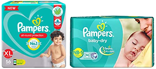 Image of Pampers All round Protection Pants, Large size baby Diapers, (L) 128 Count Lotion with Aloe Vera & Pampers Active Baby Taped Diapers, Medium size diapers, (MD) 62 count, taped style custom fit