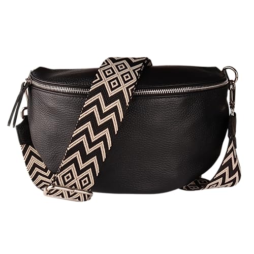 MIRROSI® Bauchtasche Damen, Echtleder, Made in Italy, Umhängetasche, Brusttasche, Crossbody Bag (1 Tasche & 2 Gurte) (Schwarz (Bohemian Schwarz Beige), Große Tasche (28x18x9cm))