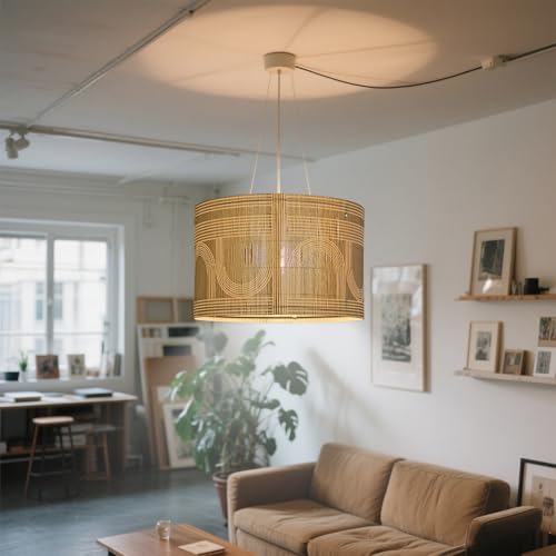Image of Pendant Lamp Shade, Translucent Bamboo Made, 13.8x9 Inch, Modern Minimalist Style for Living Room, Bedroom (Colorful Pattern)