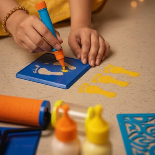 Image of TOTA DIY Rangoli making Tool Kit for Diwali Pooja and Home Decor - 2 Rangoli Squeeze Bottles, 1 Assorted Stencil, 1 Magic Rangoli Filler, 1 Rangoli Pen, 1 Rangoli Stencil Roller