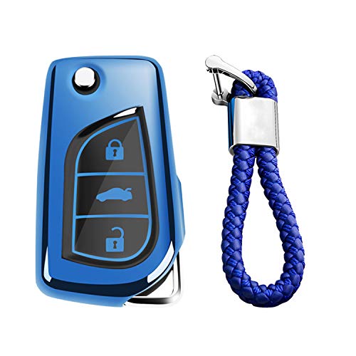 M.JVisun Soft TPU Case Key Fob Cover For Toyota 4Runner Avalon C-HR Camry Corolla Fortuner Highlander Levin RAV4 LE Sequoia Sienna Tacoma Tundra Yaris Car Key Shells - Glossy Blue - Braided Keychain