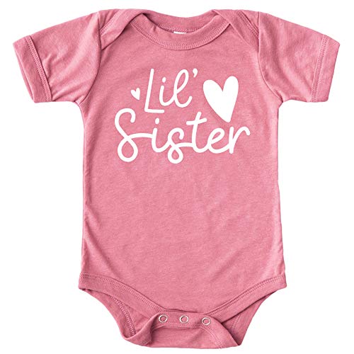 Olive Loves Apple Lil Sister Heart Bodysuit for Baby Girls Sister Sibling Outfits White on Mauve Bodysuit Newborn