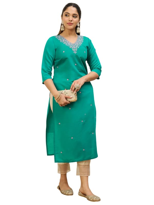Image of Women's Silk Blend Embroidery Straight Kurta | Ethnic Kurtas for Women | Kurtis for Women Festive, Casual Office Wear Ethnic Kurta for Women