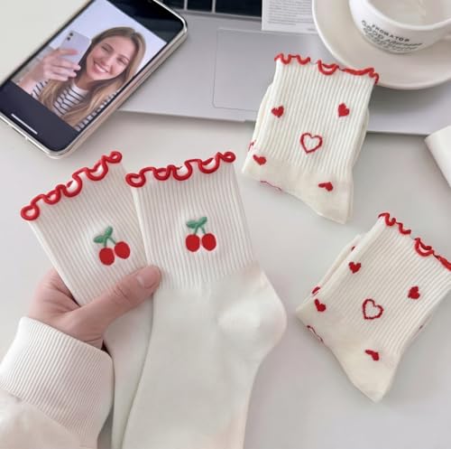 Image of Women's Cute Crew Socks, Casual Athletic Cotton Bowknot Cherry Calf Novelty Socks for Women