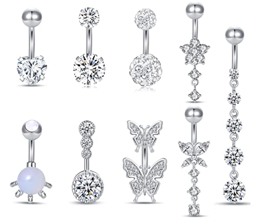 Ofeiyaa 9Pcs 14G Dangle Belly Button Rings Skull Butterfly Heart Cz Navel Rings Barbell Body Piercing Jewelry For Women #TOP15