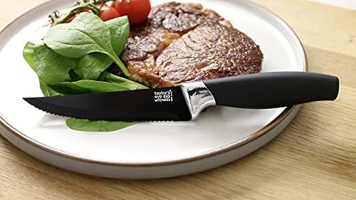 Taylors Eye Witness Brooklyn Black Serrated Steak Knife Set - 4 PCE. Corrosion Free, Easy Clean, Anti-Bacterial, Hard Ceramic Coated Blade. Chrome Plated Bolster. Soft Grip Handle. 2 Year Guarantee.