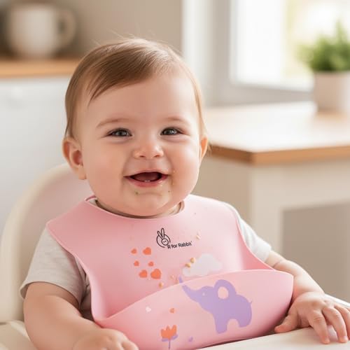 Image of R for Rabbit Safari Silicone Bib for Baby Food Feeding BPA Free, Adjustable Straps Waterproof Built-in Food Pocket Mess Free Ideal for Babies 6 to 36 Months