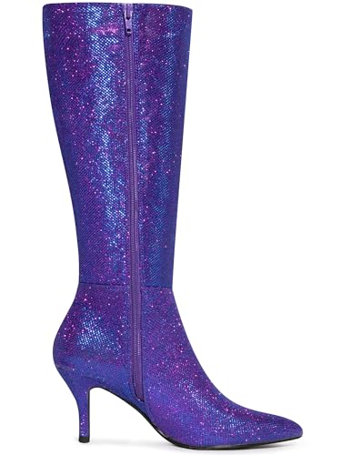 Allegra K Allegra K Women's Pointy Toe Sparkle Glitter Stiletto Heel Purple Knee High Boots 8 M US