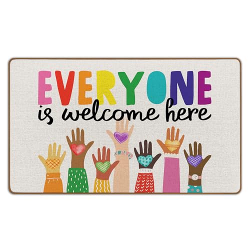 WTOGQ Rainbow Classroom Door Mat, Everyone is Welcome Here Boho Classroom Welcome Mat Front Doormat Indoor Outside Entrance for Nursery, Inspirational Equality Diversity School Decor 17X29 Inch