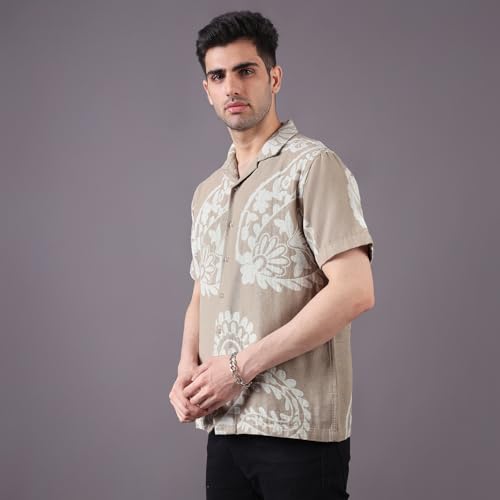 Image of Urban Scottish Men's Shirt Regular Fit Cotton Linen Jacquard, Half Sleeve Button Down Collared,Soft Breathable Fabric, Stylish Everyday Wear Casual Shirt for Men and Boys - Beige