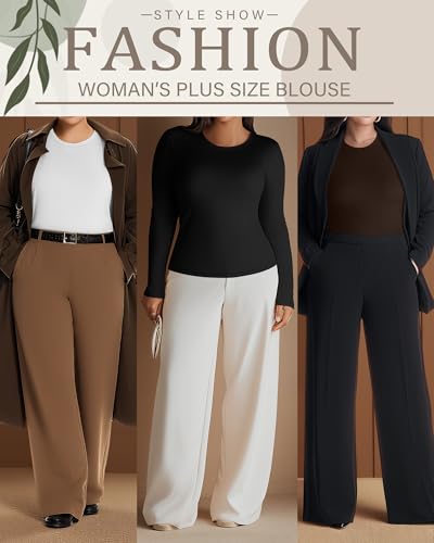 Image of Evervibe 3 Pack Women's Plus Size Long Sleeve Shirts Crew Neck Slim Fitted T Shirt Stretchy Casual Bodycon Basic Tee Tops