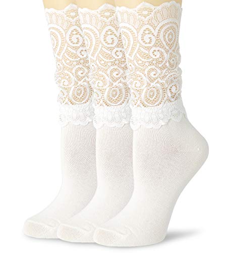 VIVIKI Women Lace Socks, Transparent Mesh Ruffle Dress Socks 3 Pack (White Lace Cotton Socks)