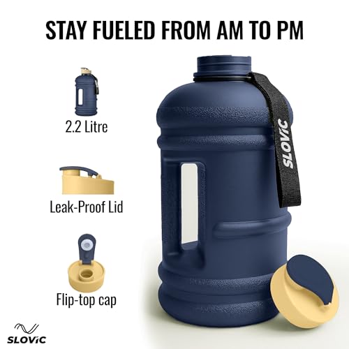 Image of SLOVIC Gallon Water Bottle 2 + Litre | Gym Motivational Sipper Water Bottle for Adults | 100% BPA Free & Leakproof | 2 Litre Sipper for Men & Women with Ergonomic Handle | Dark Blue | 2200 ML