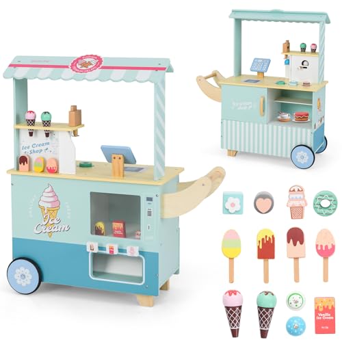 Image of HONEY JOY Kids Ice Cream Cart, Wooden Grocery Store Playset With Play Food, Vending Machine, Screen, Pretend Play Dessert Display Stand, Shop Truck, Gift for Boys Girls (Green)