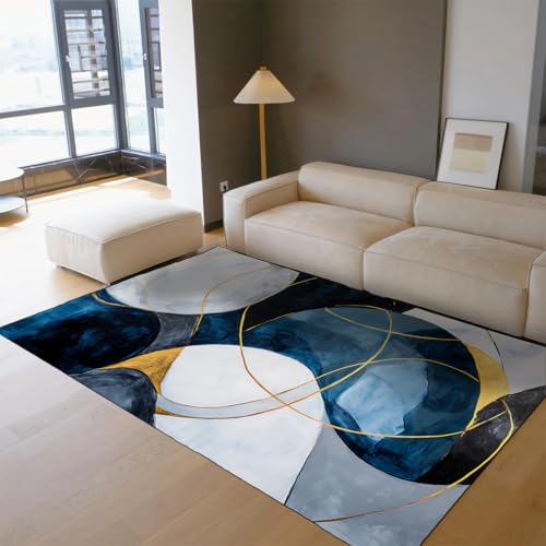 モダンな抽象的なエリアラグ青と白の水彩画不規則な幾何学的なゴールドラインデザインリビングルームオフィス用ソフト滑り止めカーペット 160x230cm