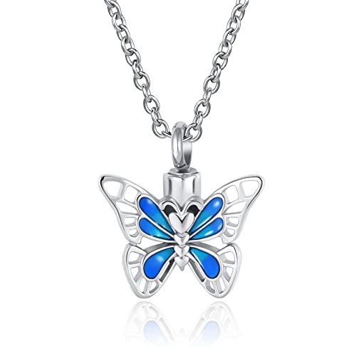 Collier urne papillon bleu pour cendres de vos proches - Pendentif commémoratif pour femme
