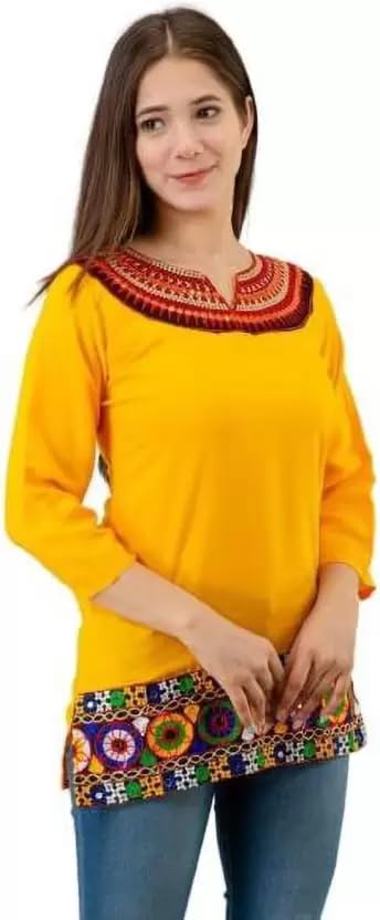 Women’s Embroidered Mirror Print Short Kurti Top – Ethnic Round Neck 3/4 Bell Sleeve Casual Kurti for Women & Girls-image-34