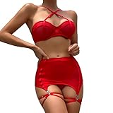 4UFIT Women's 3Pcs Sheer Mesh Lingerie Set High Waisted Cincher Garter Belt Matching Bra and Panty S