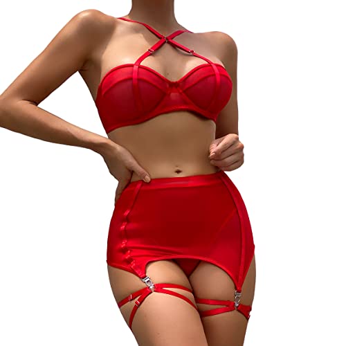 4Ufit Women's 3Pcs Sheer Mesh Lingerie Set High Waisted Cincher Garter Belt Matching Bra And Panty Set Red #TOP14
