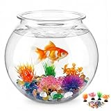 1 Gallon Round Plastic Fish Bowl Set, Crystal Clear Plastic Aquarium for Fish with 5 Decorative Plants and 8.8oz Colorful Stones, Small Fish Tank for Home Decoration