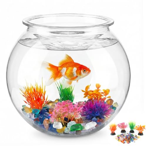1 Gallon Round Plastic Fish Bowl with Plants & Stones
