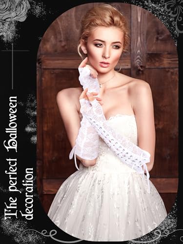 Guantes largos de encaje sin dedos de Geyoga con cinta estilo punk para Halloween 4