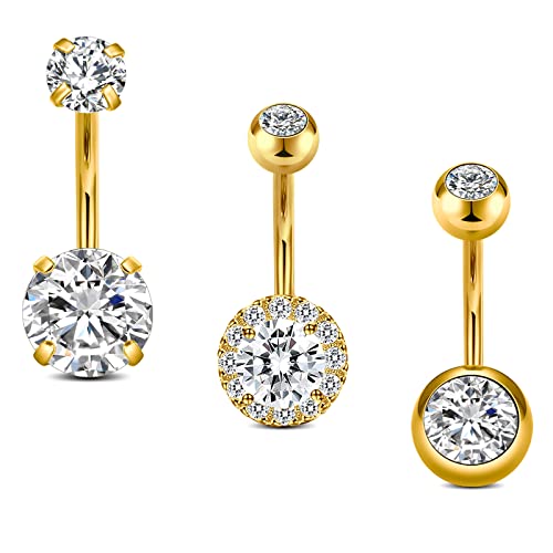 Incaton 14G Belly Button Rings, Stainless Steel Diamond Short Bar Belly Rings For Women, Hypoallergenic Navel Piercings With Gift Velvet Pouch Gold 10mm