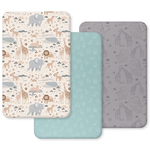 Unnivoll Next to Me Crib Sheets 51 x 85 cm Super Soft & Breathable Bedside Crib Fitted Sheets 3 Pack Apricot Green Gray Elephant