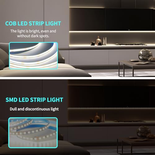 Image of 16.4ft COB LED Strip Lights 6000K White Dimmable DC 24V Flexible LED Tape Light for Bedroom, with Remote and app Control LED Light Strip,for DIY Home Decoration