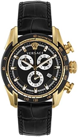 Versace V-Ray Collection Luxury Mens Watch Timepiece with a Black Strap Featuring a Gold Case and Black Dial