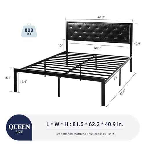 Image of Allewie Queen Bed Frame with Faux Leather Upholstered Headboard, Chic Diamond Stitched Tufted Design, No Box Spring Needed, Black