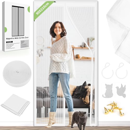 Magnetic Fly Screen Door Curtain - Fly Curtains 90X210cm for Doors with Powerful Magnets and Full Frame Magic Tape, Fly Nets for Doors Without Drilling, Suitable for Patio Doors Balcony Bedroom(White)