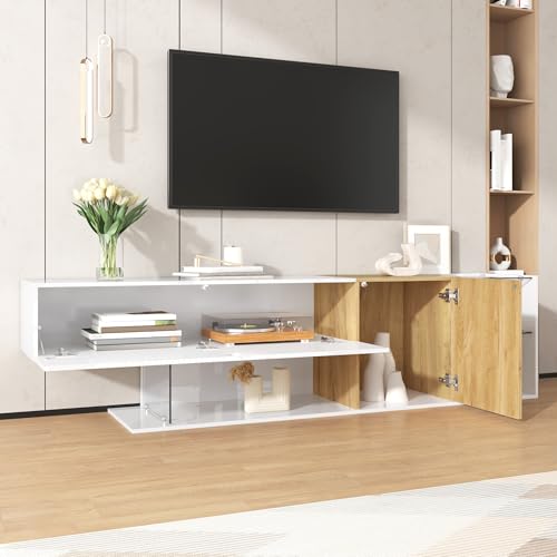 REXO Mueble de TV moderno de 180 cm, color blanco brillante con aspecto de madera y estantes de cristal, elegante mueble de TV con práctico almacenamiento para salón, diseño minimalista, acabado de