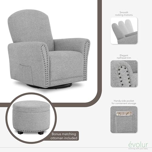 Image of Evolur Vienna Swivel Glider with Ottoman, FSC Certified, Greenguard Gold and JPMA Certified Glider Rocking Chair, 360 Swivel Motion, Ergonomic Design Nursery Glider, Cobblestone
