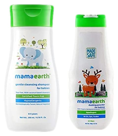Image of Mamaearth Gentle Cleansing Shampoo for Babies (200 ml, 0-5 Yrs) & dusting Powder with Organic Oatmeal & Arrowroot Powder 150g Combo