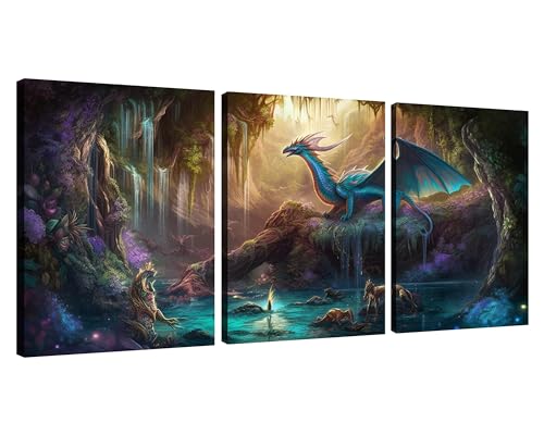 Dragon Canvas Wall Art Psychedelic Room Decor Spirit of the Forest Pictures on Canvas Wall Art for Home Office Decorations Living Room Bedroom and Kitchen Decor 3 Pcs Canvas Prints 12X16inches